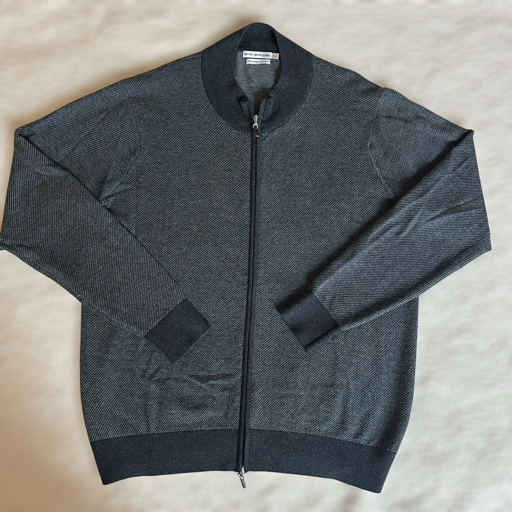 Peter Millar Sweater Men's Large Merino‎ Wool Cotton Blend Gray Black Full Zip
